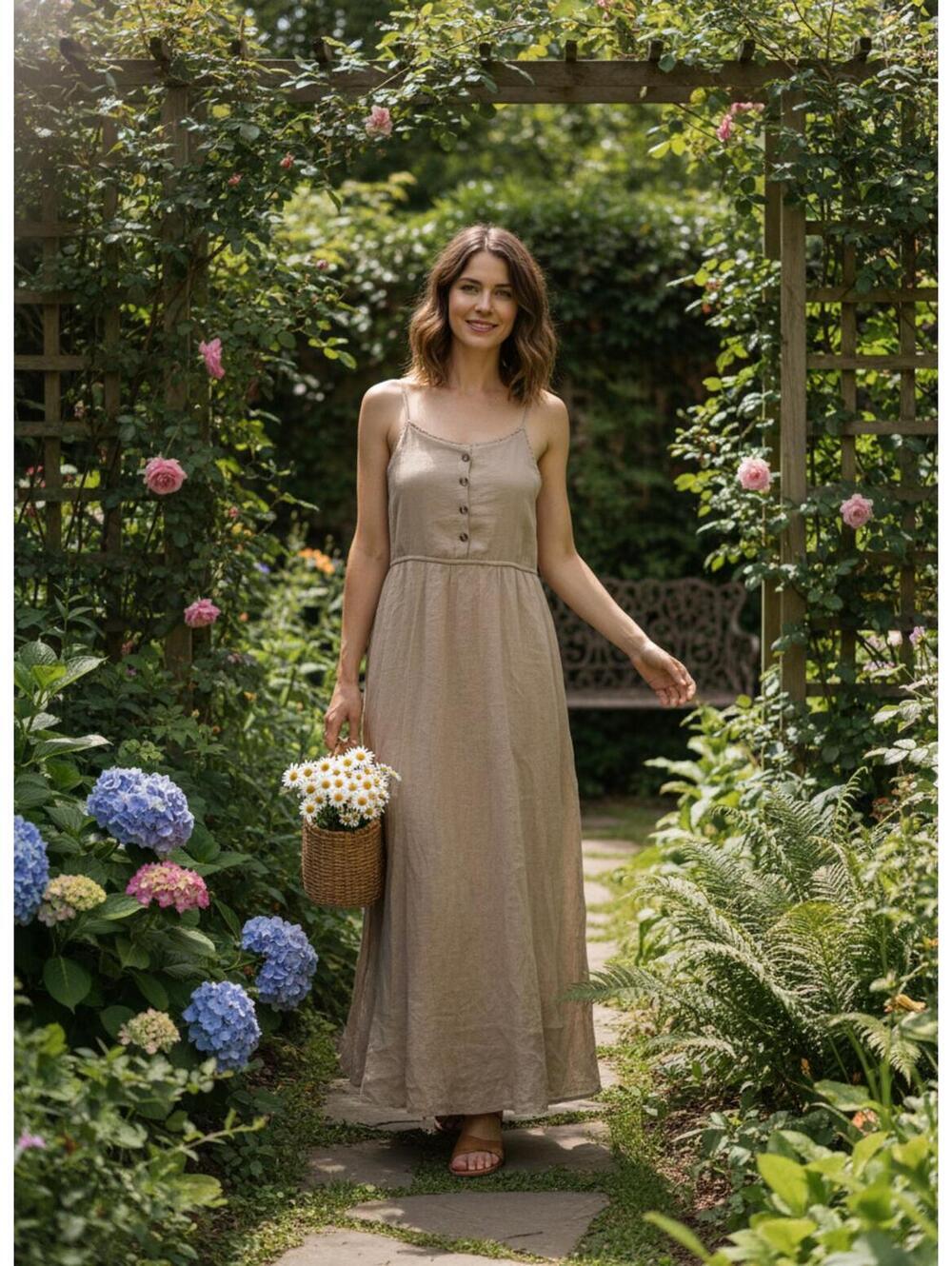 Say What Natural Vacation Maxi Summer Dress/ Buttons Ladder Lace Trim XL
